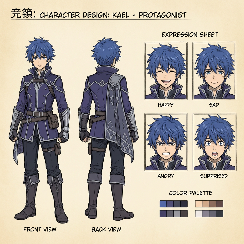 Anime character illustration turnaround sheet with front and back views plus expression sheet for an original protagonist