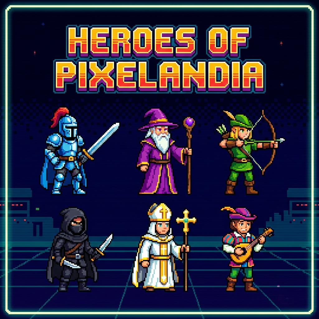 Pixel art character lineup — 16-bit retro style knight, mage, archer, rogue, healer, and bard sprites