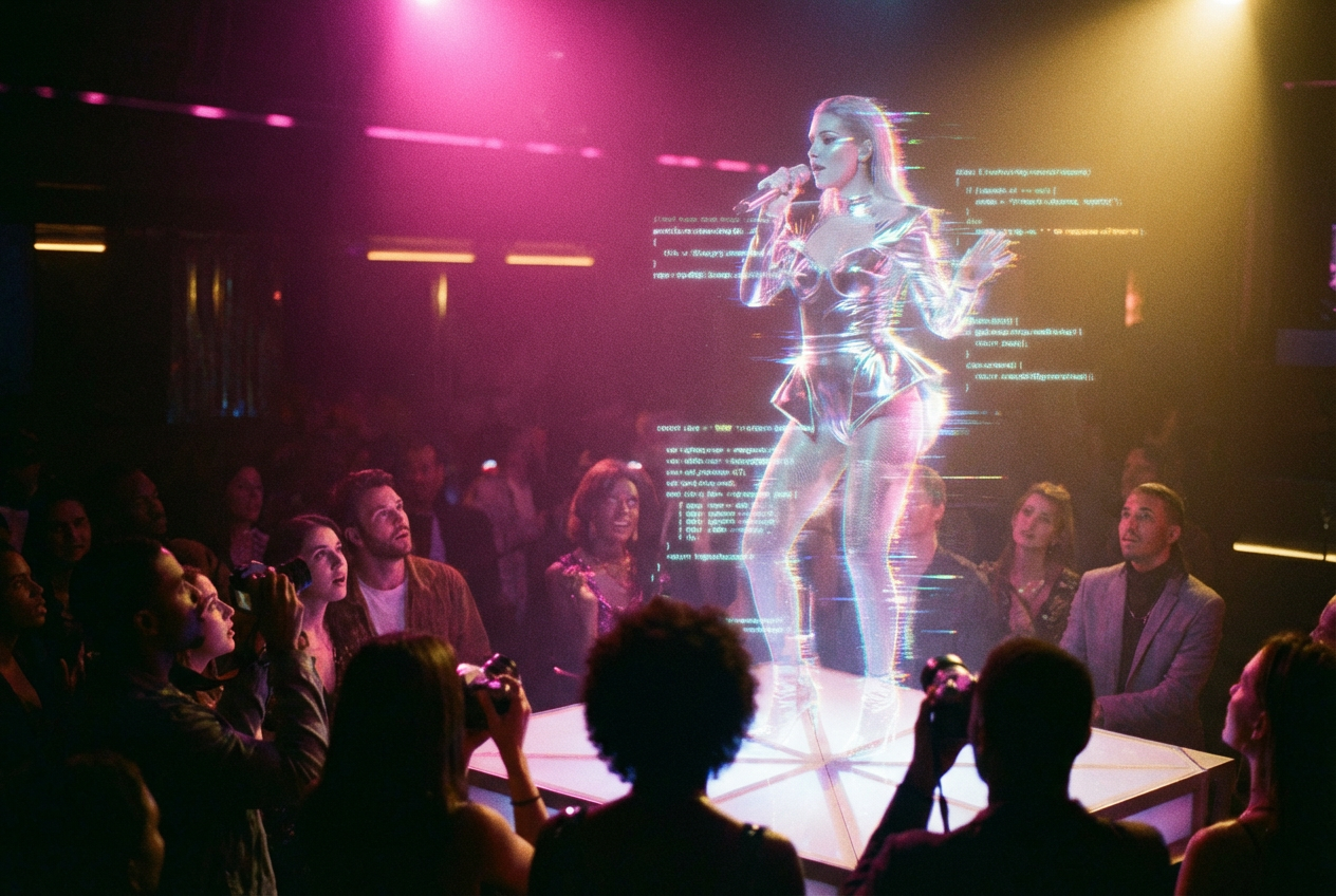 A holographic female R&B singer performing on a futuristic stage, her body glitching and partially transparent, revealing lines of code and streaming data beneath the surface, with real audience members in the foreground looking up in a mix of amazement and confusion, neon pink and gold lighting