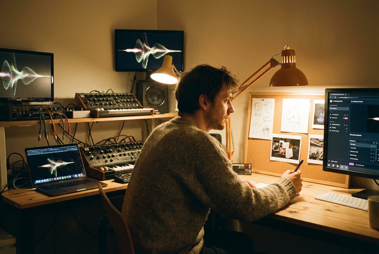 An independent musician sitting in a small home studio, surrounded by screens showing AI-generated waveforms and streaming dashboards, looking determined while working on a music video storyboard pinned to the wall, warm amber desk lamp lighting, a mix of analog instruments and digital technology creating a cozy but high-tech atmosphere