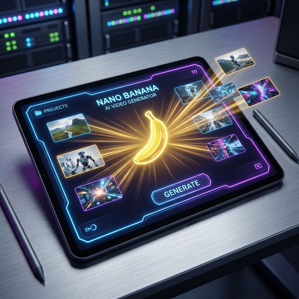 Nano Banana AI video generator interface with glowing yellow brand logo emitting cinematic light rays that transform into vibrant video frames
