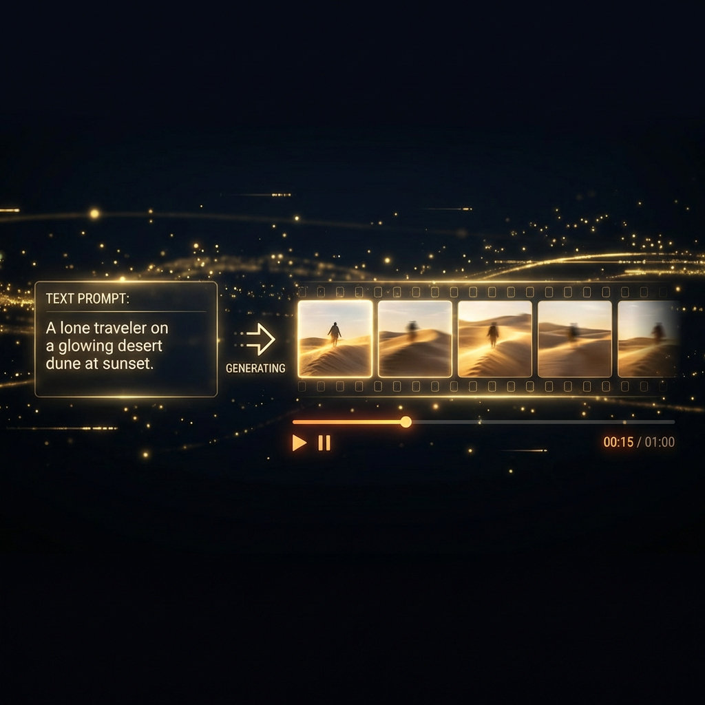 Nano Banana video generator timeline showing a text prompt transforming into multiple cinematic video frames flowing across a dark screen