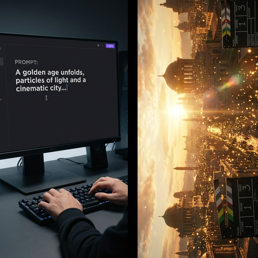 Split-screen showing a user typing into the Nano Banana AI video generator prompt box with the resulting cinematic video frame unfolding on the right
