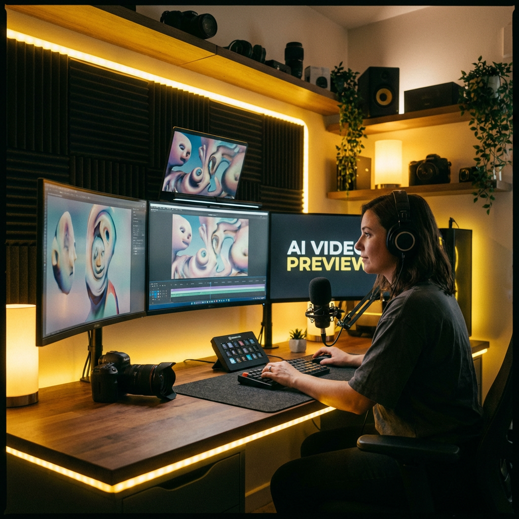 Content creator reviewing Nano Banana AI-generated video clips on multiple curved monitors in a modern studio with warm yellow accent lighting