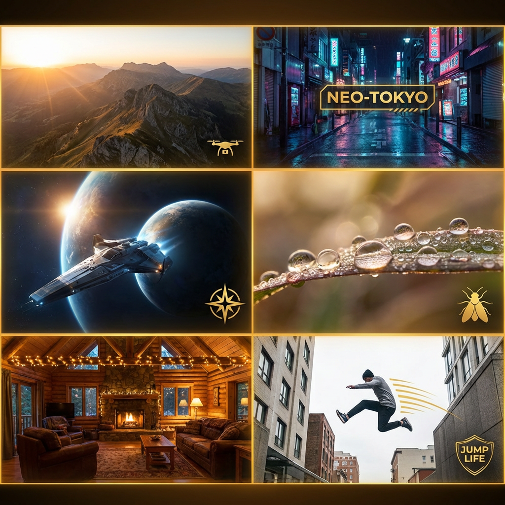 Grid of Nano Banana AI video generator thumbnails including cinematic mountain drone shot, cyberpunk street, macro nature, sci-fi spacecraft, cozy interior, parkour jump