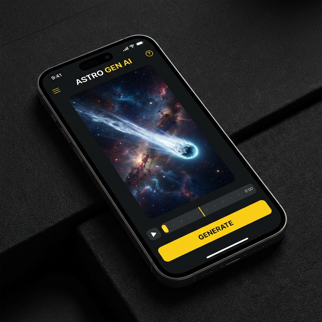Smartphone displaying the Nano Banana AI video generator app with a freshly generated vertical video, dark theme UI with yellow brand accents