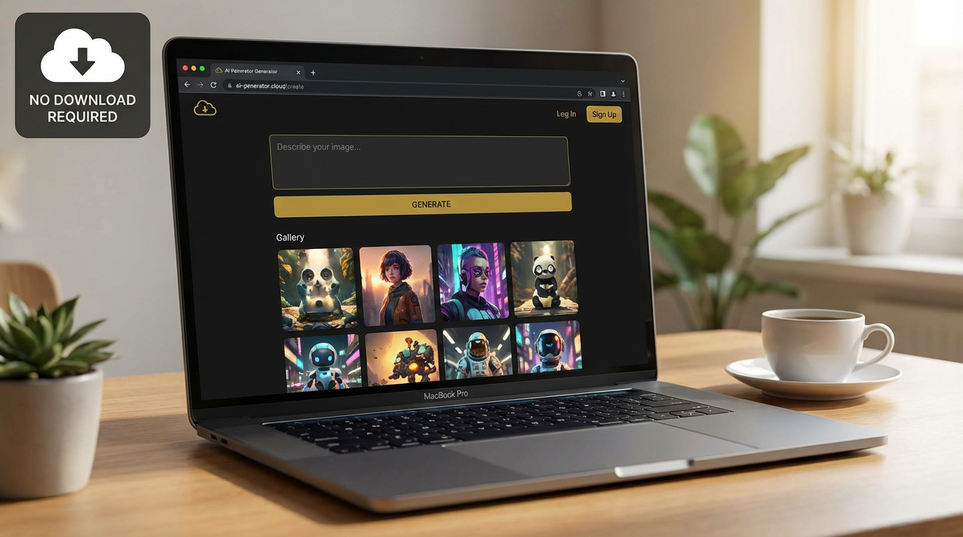 Free online AI image generator running inside a web browser on a laptop with a cloud icon indicating no download required, minimal modern UI with yellow accents