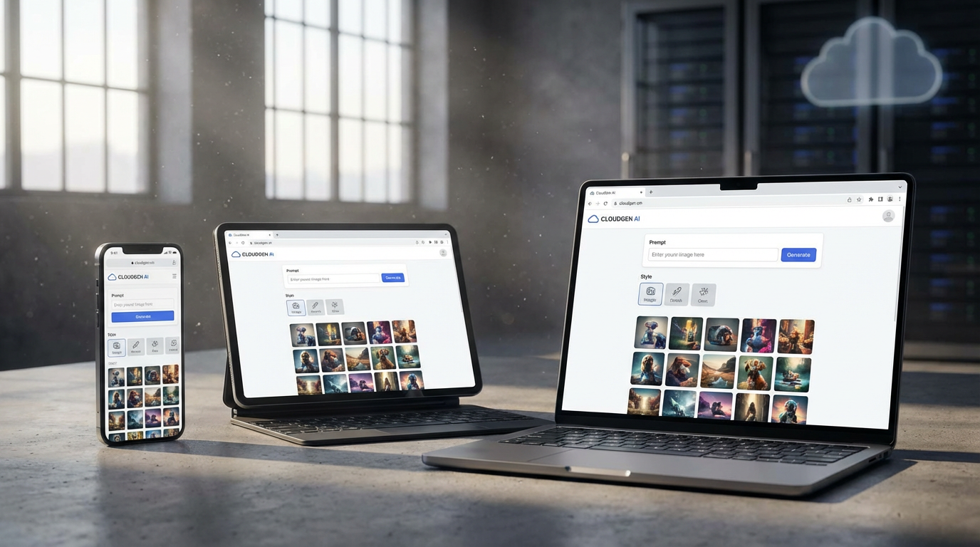 Multiple devices — smartphone, tablet, and laptop — all displaying the same free online AI image generator running in the browser, unified cloud-based experience