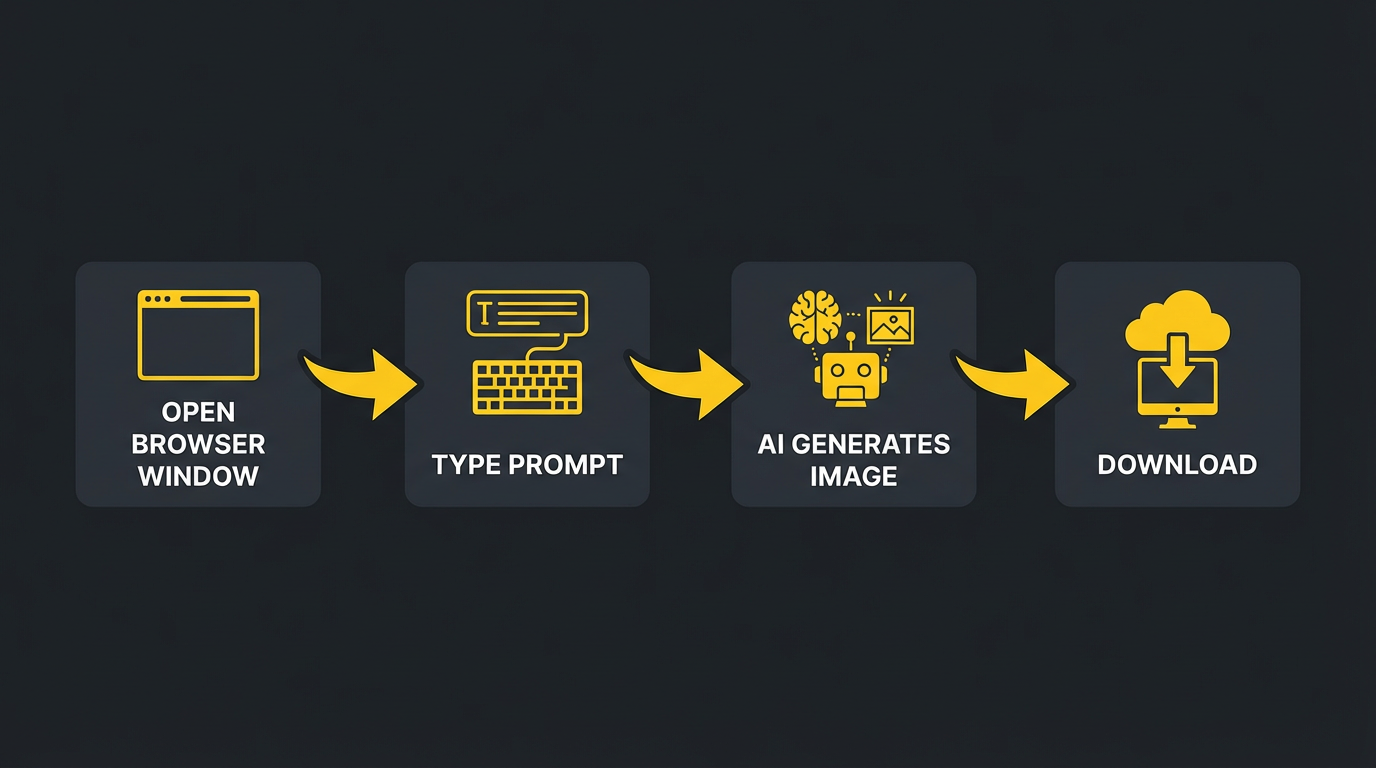Online AI image generator workflow diagram showing three steps — open browser, type prompt, download image — in a clean flat design with yellow brand accents