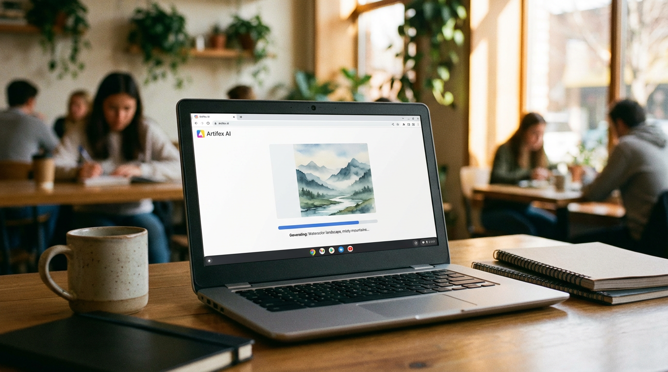 Chromebook screen showing a free online AI image generator with a freshly generated watercolor landscape image rendering in the browser, warm lighting