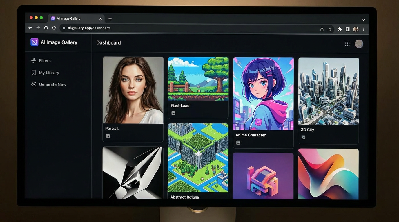 Gallery of AI images generated entirely in a web browser — portraits, landscapes, anime, 3D renders — displayed in a clean grid inside a browser tab