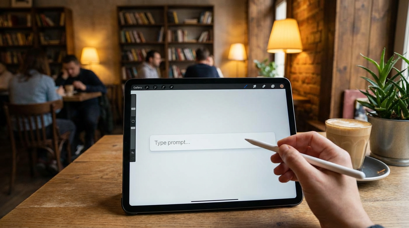 Tablet in landscape orientation showing an online AI image generator web app running with a stylus ready to type a prompt, modern creative workflow