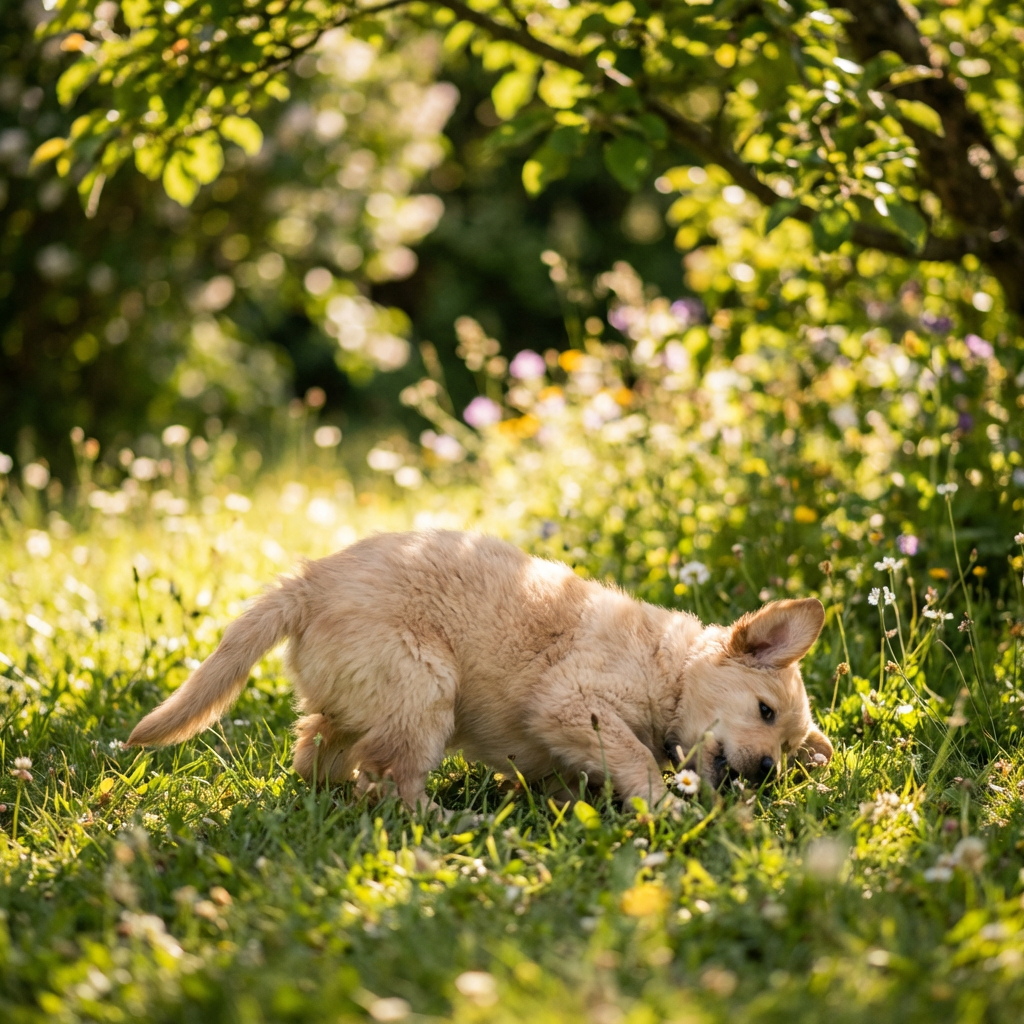 Photorealistic AI photo of a golden retriever puppy in a sun-dappled backyard, ultra-sharp fur detail and bokeh background, National Geographic style, made with free ai photo generator no sign up