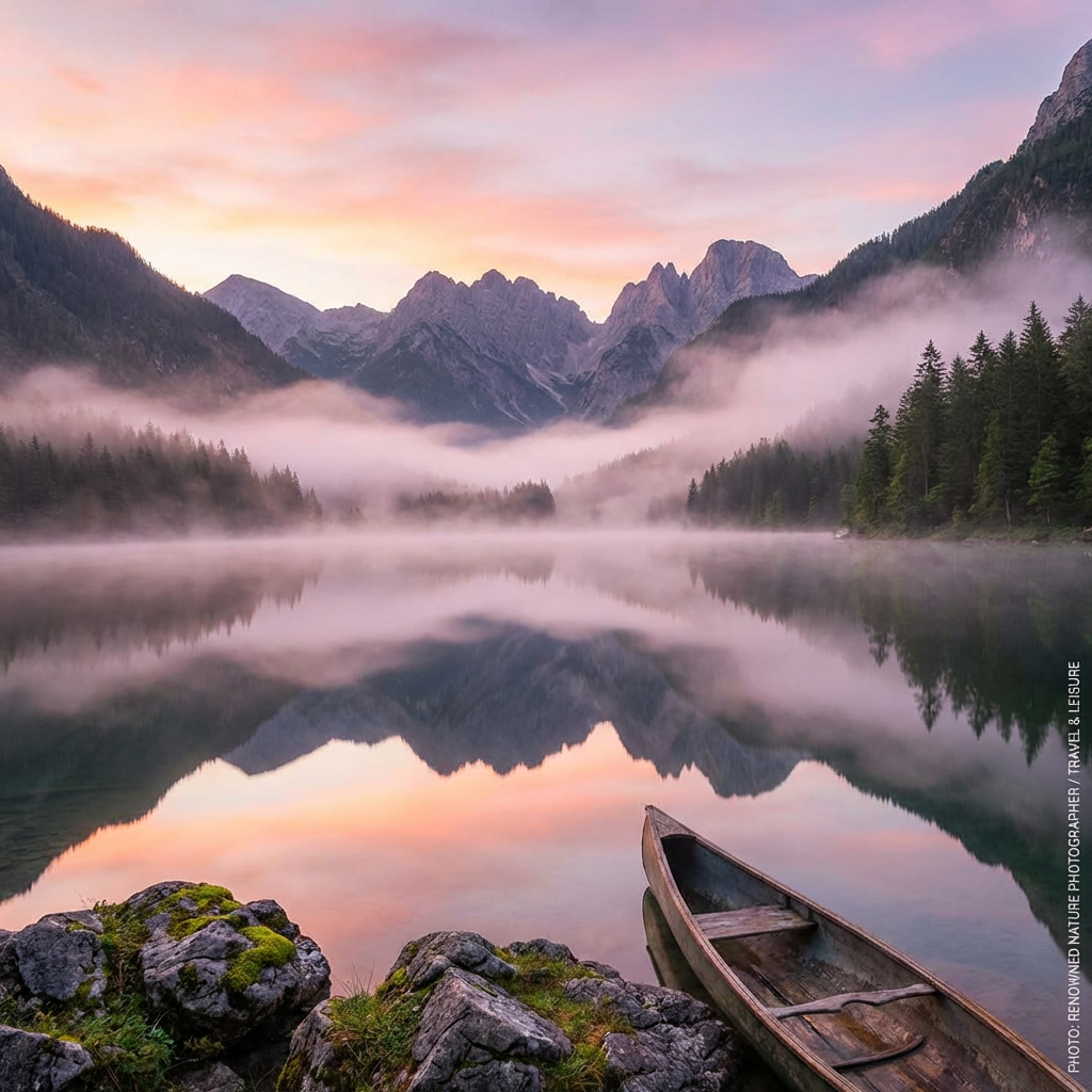 Photorealistic AI landscape photo of a misty mountain lake at sunrise with perfect reflection and volumetric fog, travel magazine quality, made with free ai photo generator no sign up