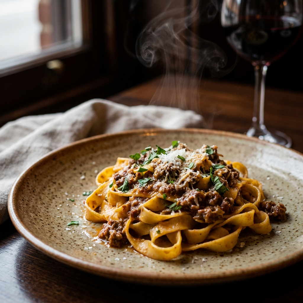 Photorealistic AI food photo of artisan pasta on a rustic ceramic plate with rising steam and moody restaurant lighting, cookbook quality, made with free ai photo generator no sign up