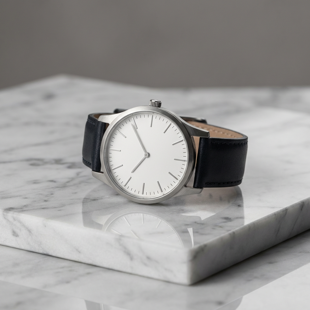 Photorealistic AI product photo of a minimalist wristwatch on a marble surface with studio strobes and crystal-clear reflections, commercial catalog quality, made with free ai photo generator no sign up