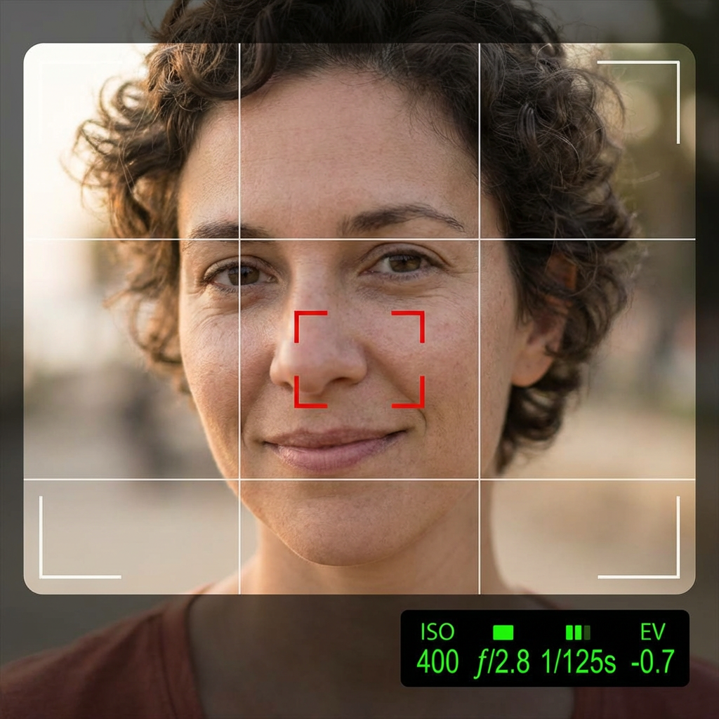 Camera viewfinder overlay with grid lines and exposure numbers on a photorealistic AI portrait, emphasizing photographic quality made with free ai photo generator no sign up