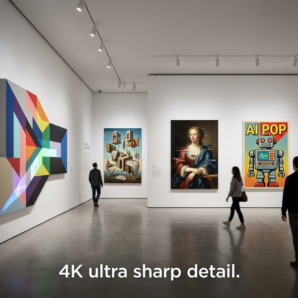Museum-quality gallery display of AI art in multiple styles including abstract, surreal, classical, and modern pop art, made with the free ai art generator no sign up