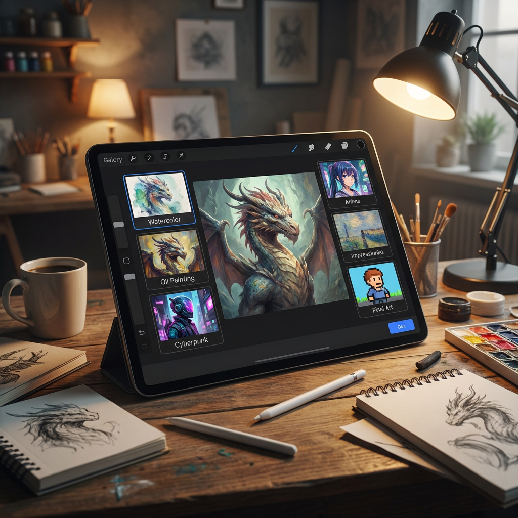 Artist workspace showing an AI art generator interface with style presets for watercolor, oil, cyberpunk, anime, and impressionist, made with the free ai art generator no sign up