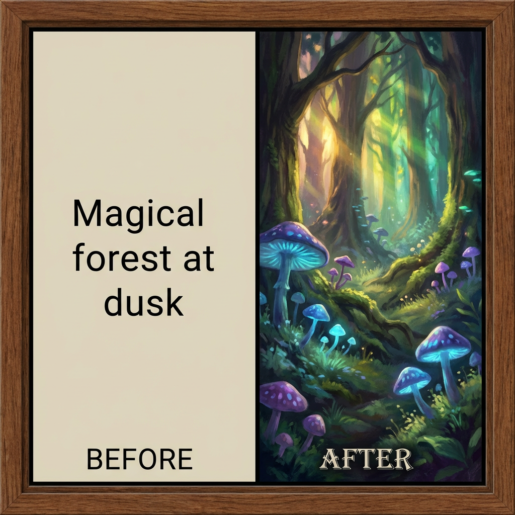 Before and after split showing a simple text prompt transforming into a detailed painterly AI art piece of a magical forest, made with the free ai art generator no sign up