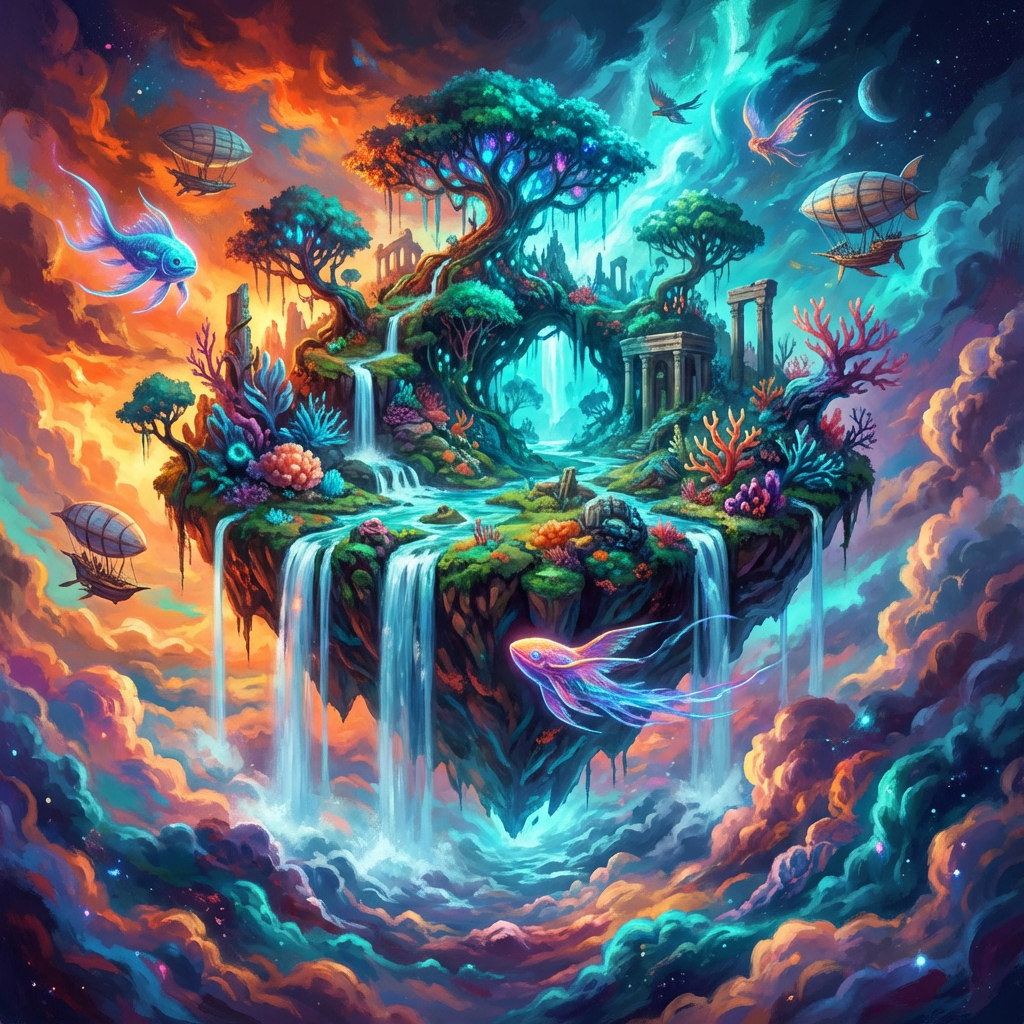 Vibrant surreal AI art of a floating island with waterfalls cascading into clouds, painterly fantasy concept art, made with the free ai art generator no sign up