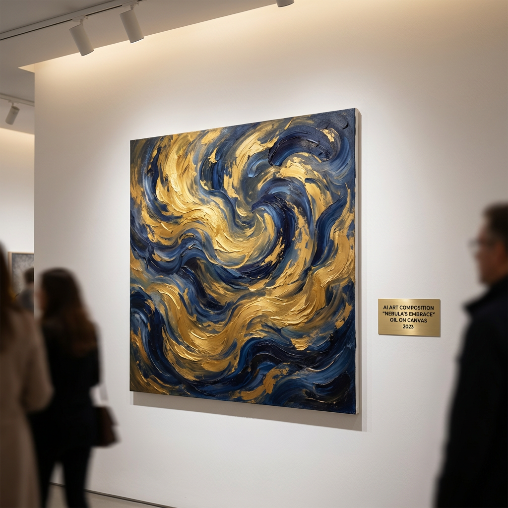 Abstract AI art composition with swirling gold and indigo brushstrokes, oil-paint texture, modern museum piece, made with the free ai art generator no sign up
