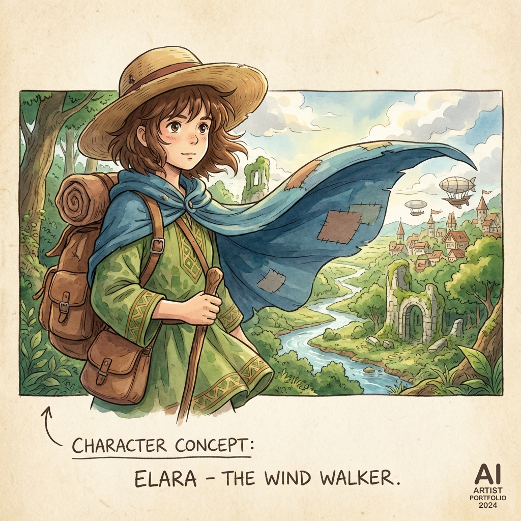 Anime-style character concept art of a young adventurer with flowing cloak, Studio Ghibli inspired, made with the free ai art generator no sign up