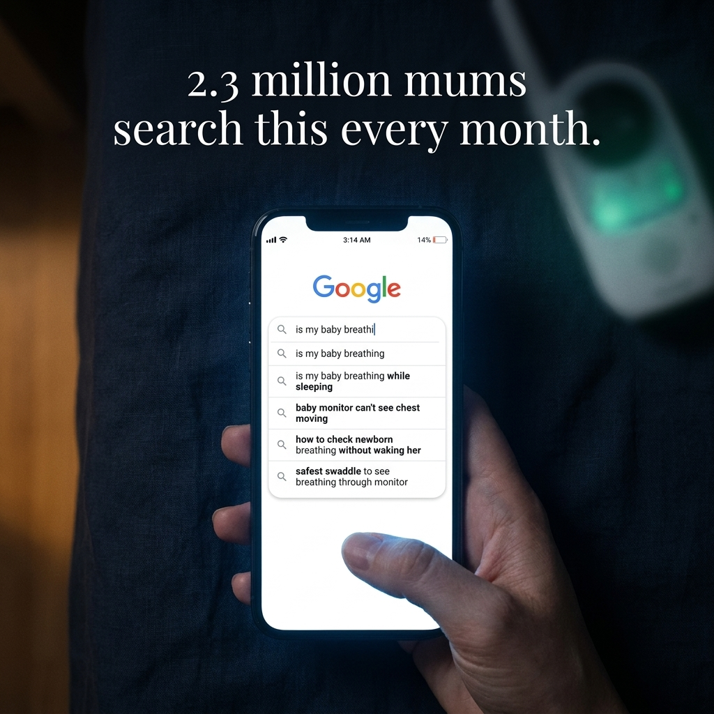 Phone showing Google search results: 'is my baby breathing', 'is my baby breathing while sleeping', 'baby monitor can't see chest moving', 'how to check newborn breathing without waking her', 'safest sleep sack to see breathing through monitor'. Headline: 2.3 million mums search this every month.