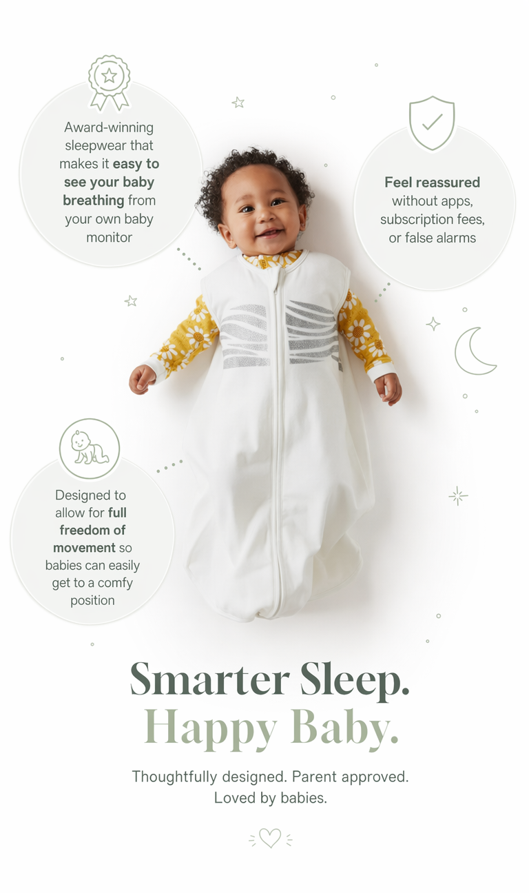 The Sleep of Mind sleep sack on a baby with three trust badges around it: award-winning sleepwear that makes it easy to see your baby breathing, feel reassured without apps or subscription fees, designed to allow full freedom of movement. Tagline: Smarter Sleep. Happy Baby. Thoughtfully designed. Parent approved. Loved by babies.