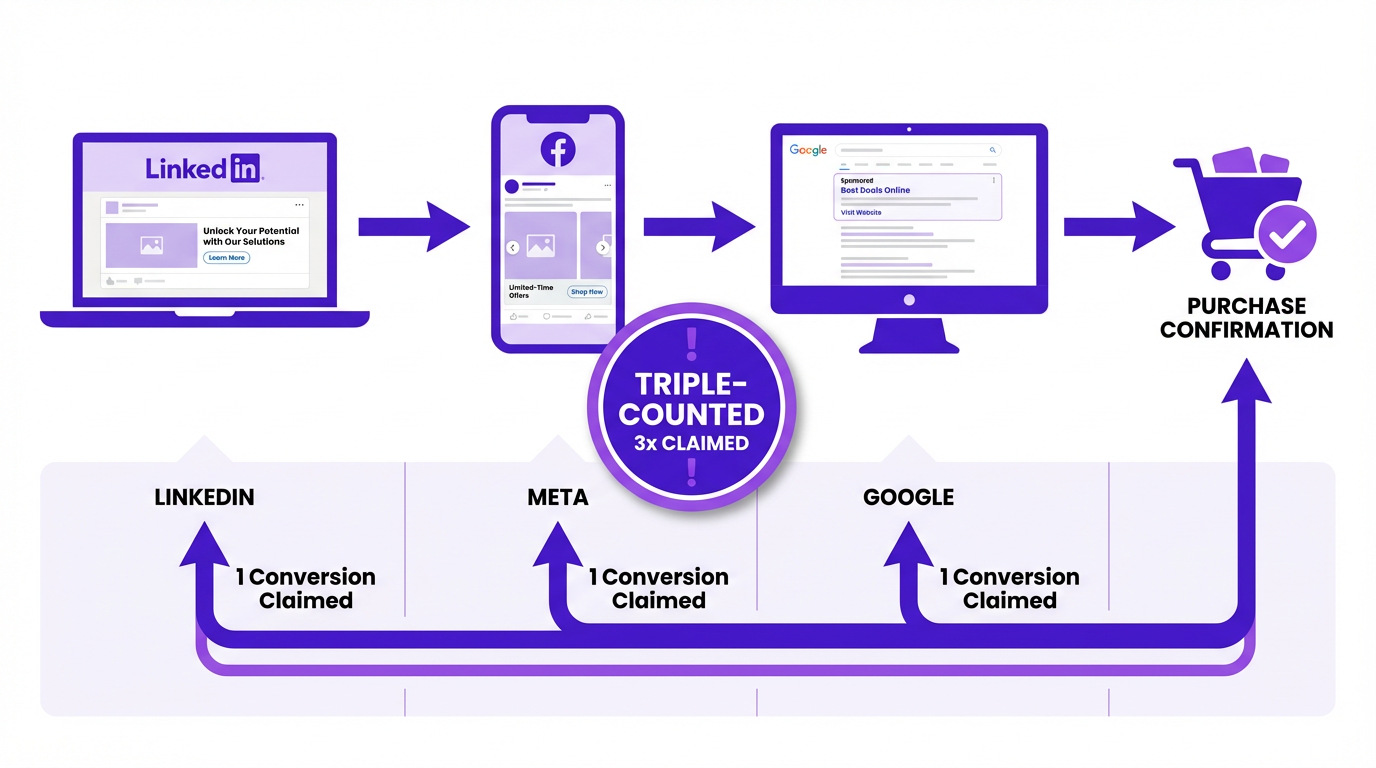 Diagram illustrating cross-platform attribution issues where multiple ad platforms claim the same conversion.