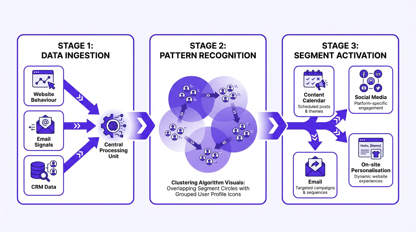 AI audience targeting three-phase process diagram for organic marketing