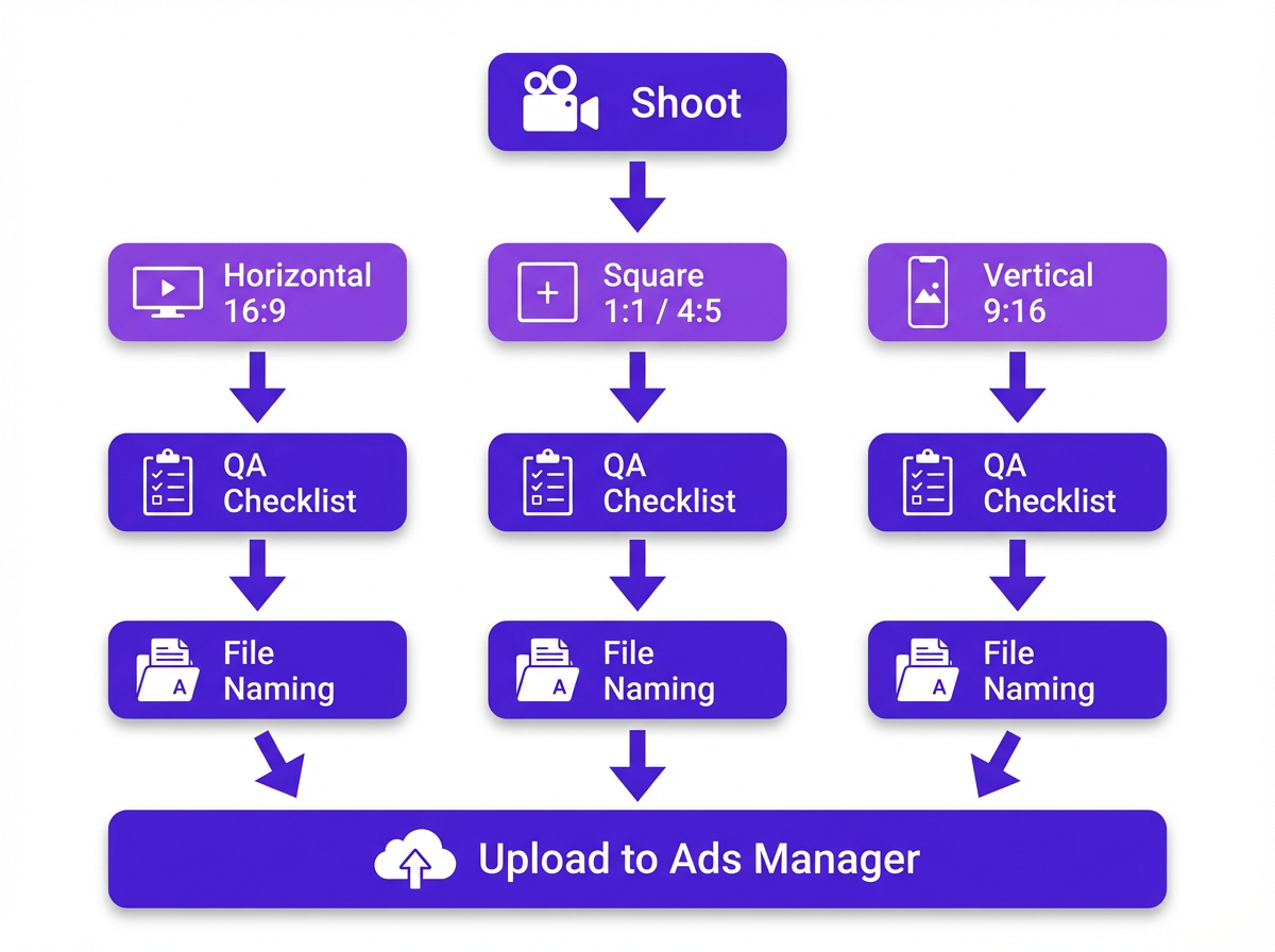 Video production workflow diagram integrating Facebook video format and export specs by placement