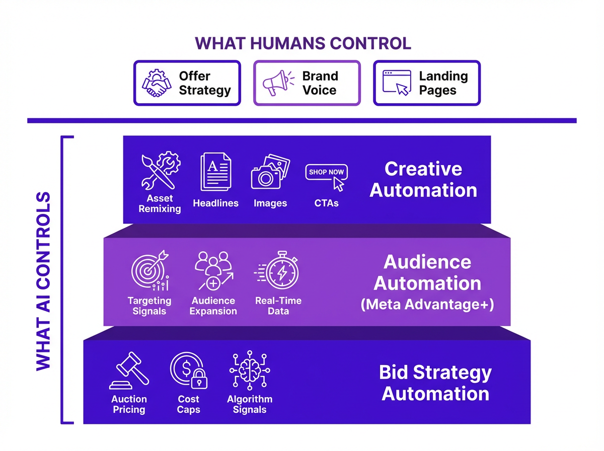 Diagram of three layers of facebook automated ads and human responsibilities
