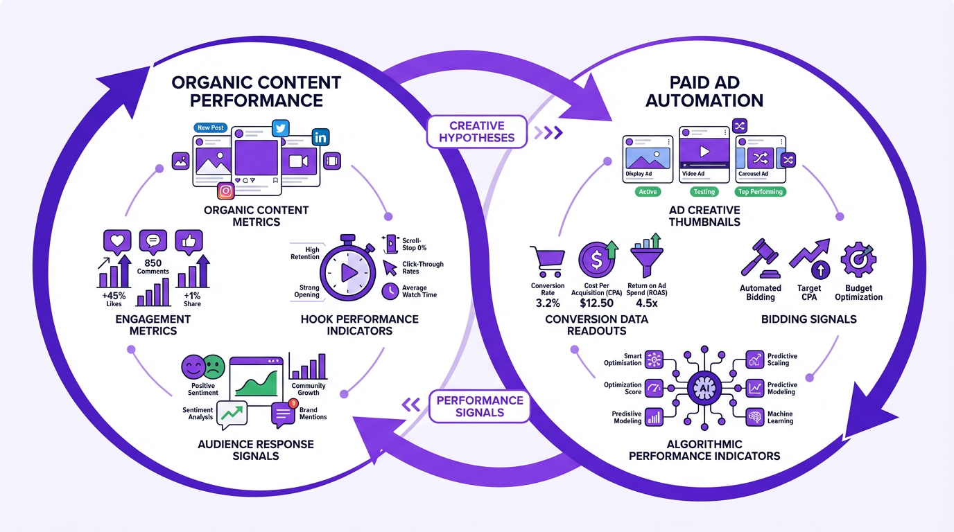 Feedback loop between organic content insights and automated facebook ad campaigns