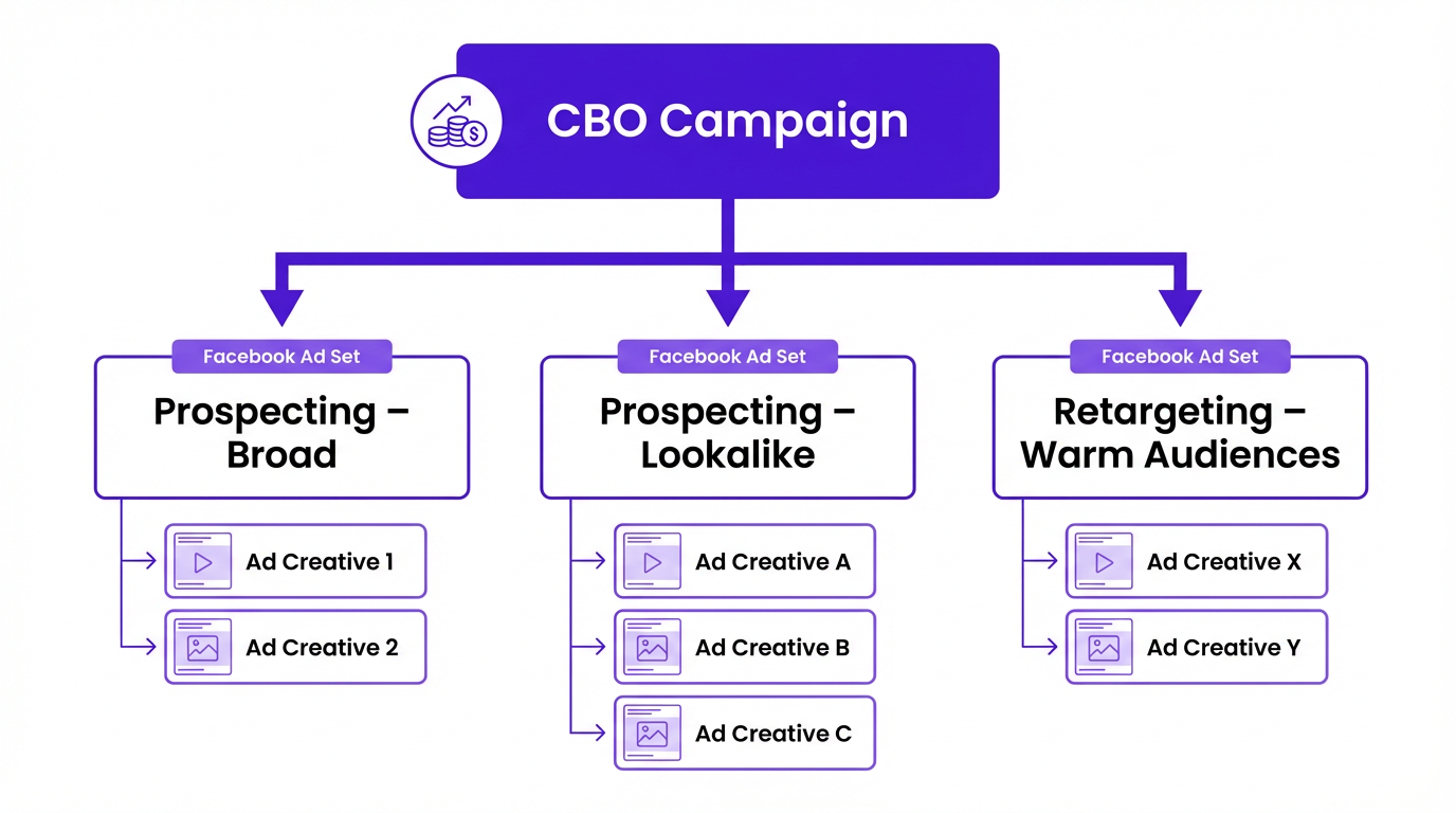 Facebook ads CBO strategy campaign architecture diagram