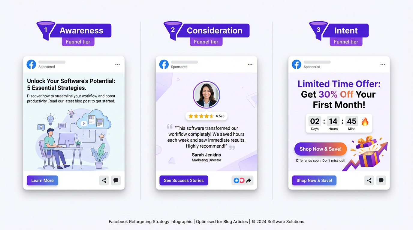 facebook retargeting ads examples for three funnel stages