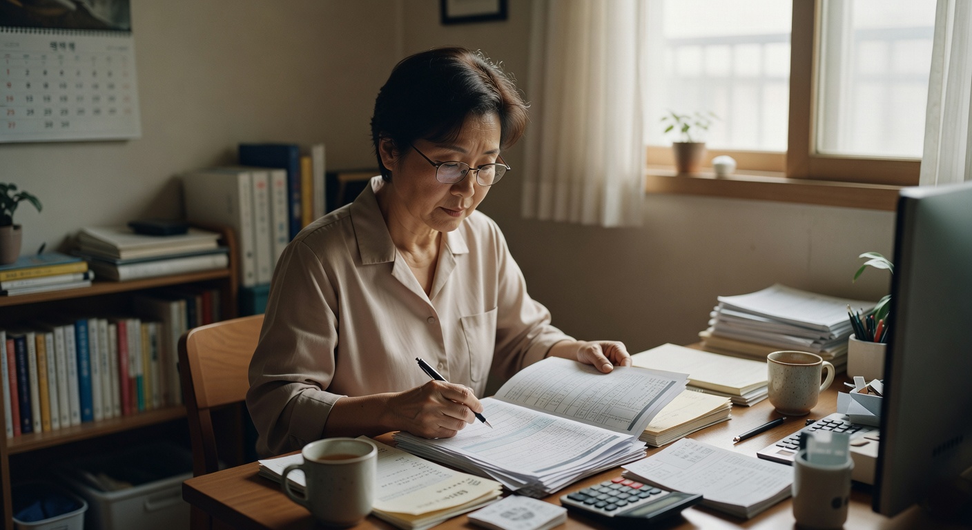person reviewing tax documents at a home desk in Korea