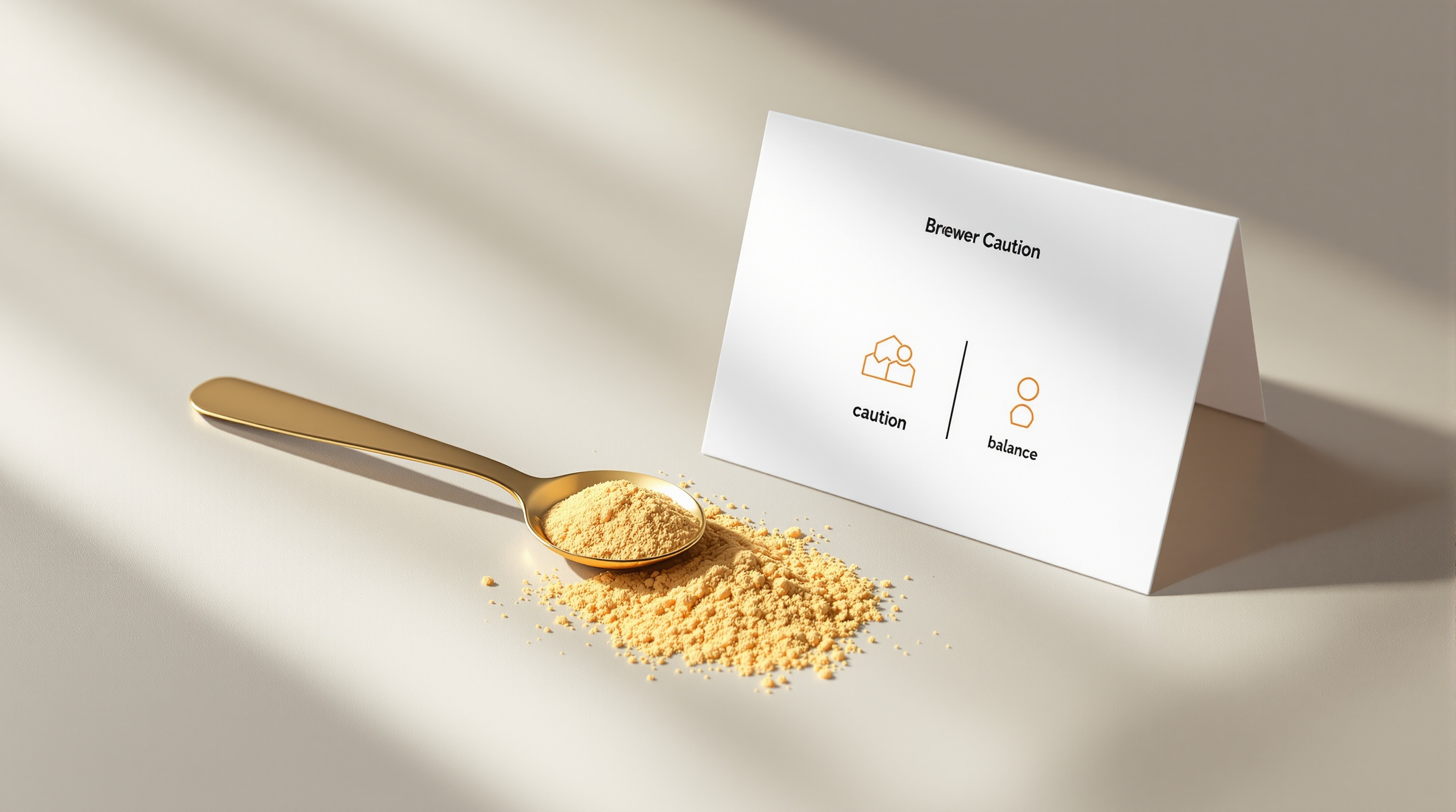 정확히 계량된 맥주효모와 주의사항 및 균형을 상징하는 카드