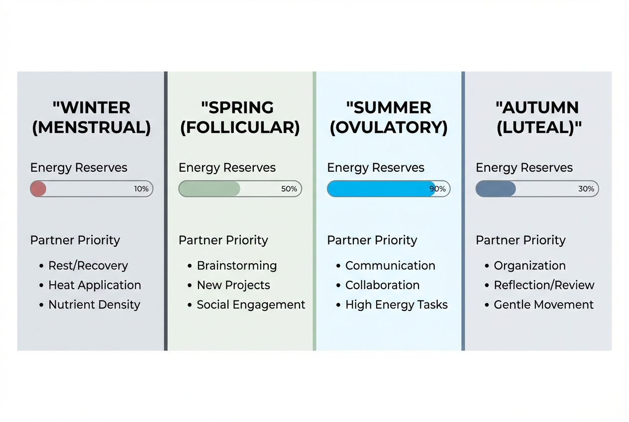 A four-column chart comparing the four phases of the menstrual cycle labeled as Winter, Spring, Summer, and Autumn with energy level progress bars.