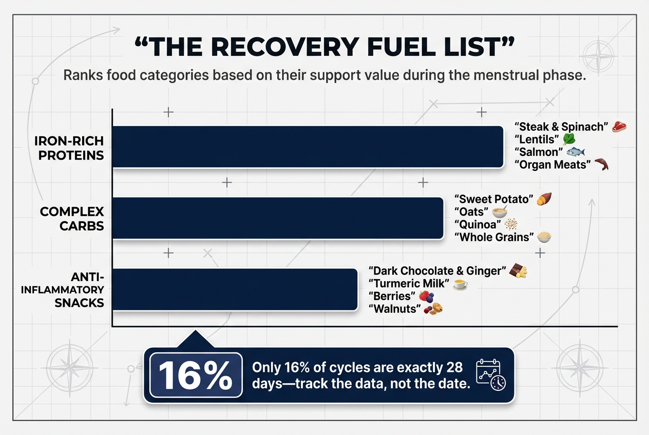A horizontal bar chart titled The Recovery Fuel List showing iron-rich proteins, complex carbs, and snacks for menstrual support.