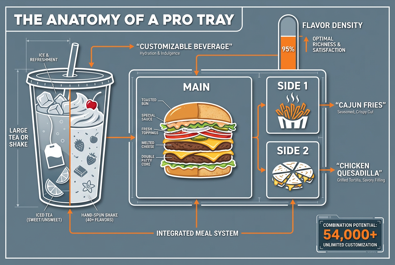 An architectural diagram of a Cook Out Tray showing main, two sides, and drink components with a flavor density progress bar and bold text labels.