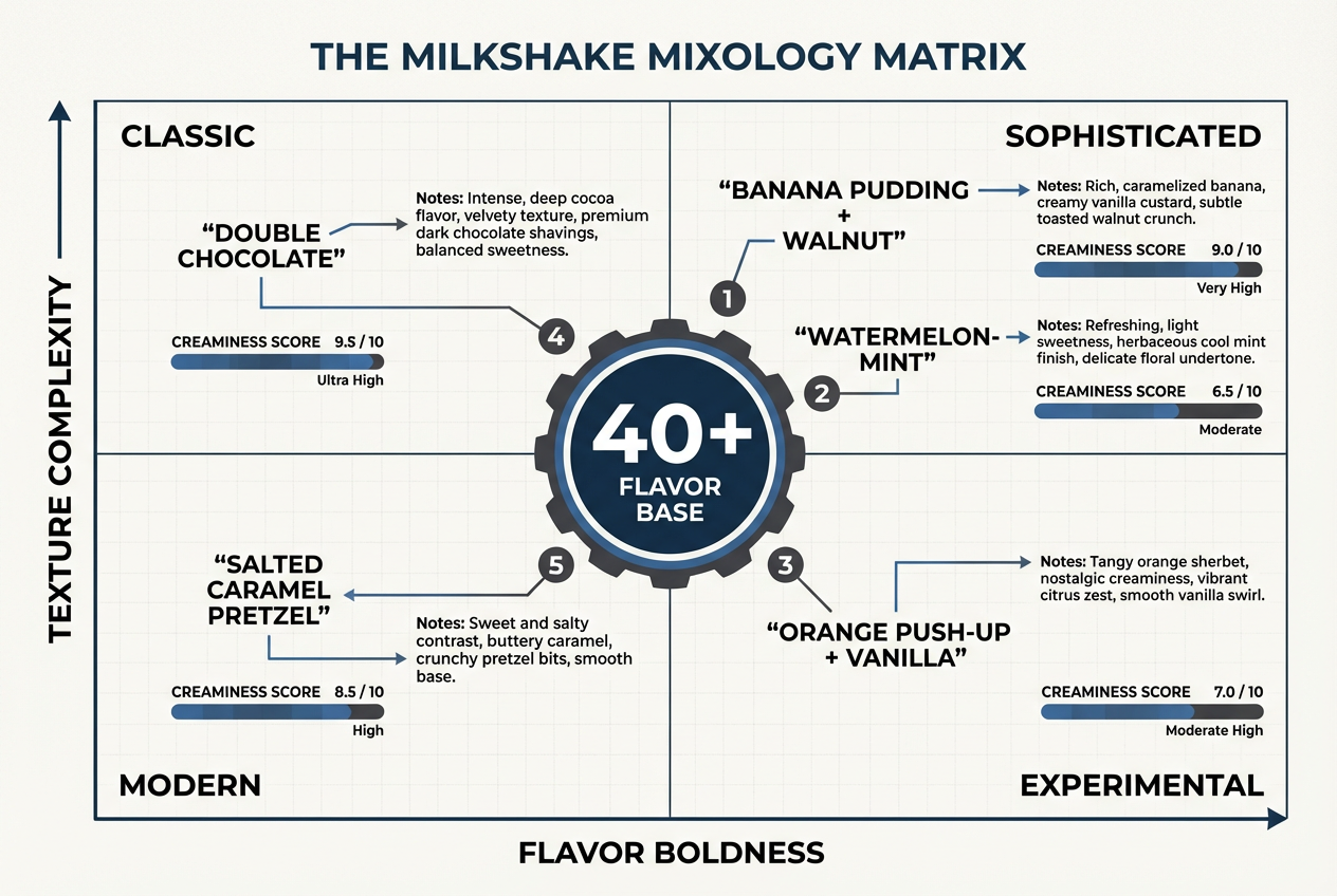 A four-quadrant matrix categorizing Cook Out milkshake combinations by texture complexity and flavor boldness with specific recipe text callouts.