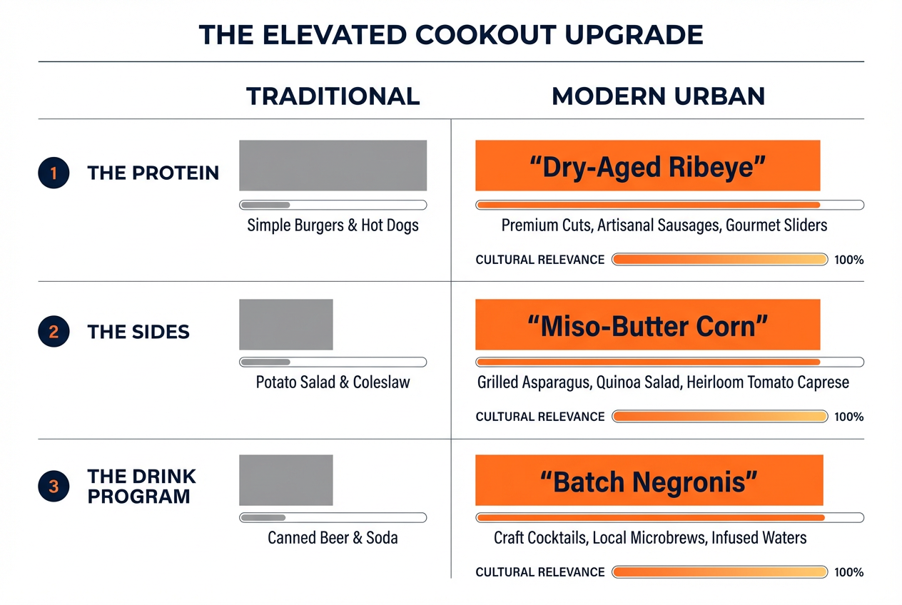 A comparative chart showing upgrades from traditional cookout items to gourmet alternatives like dry-aged ribeye and miso-butter corn.