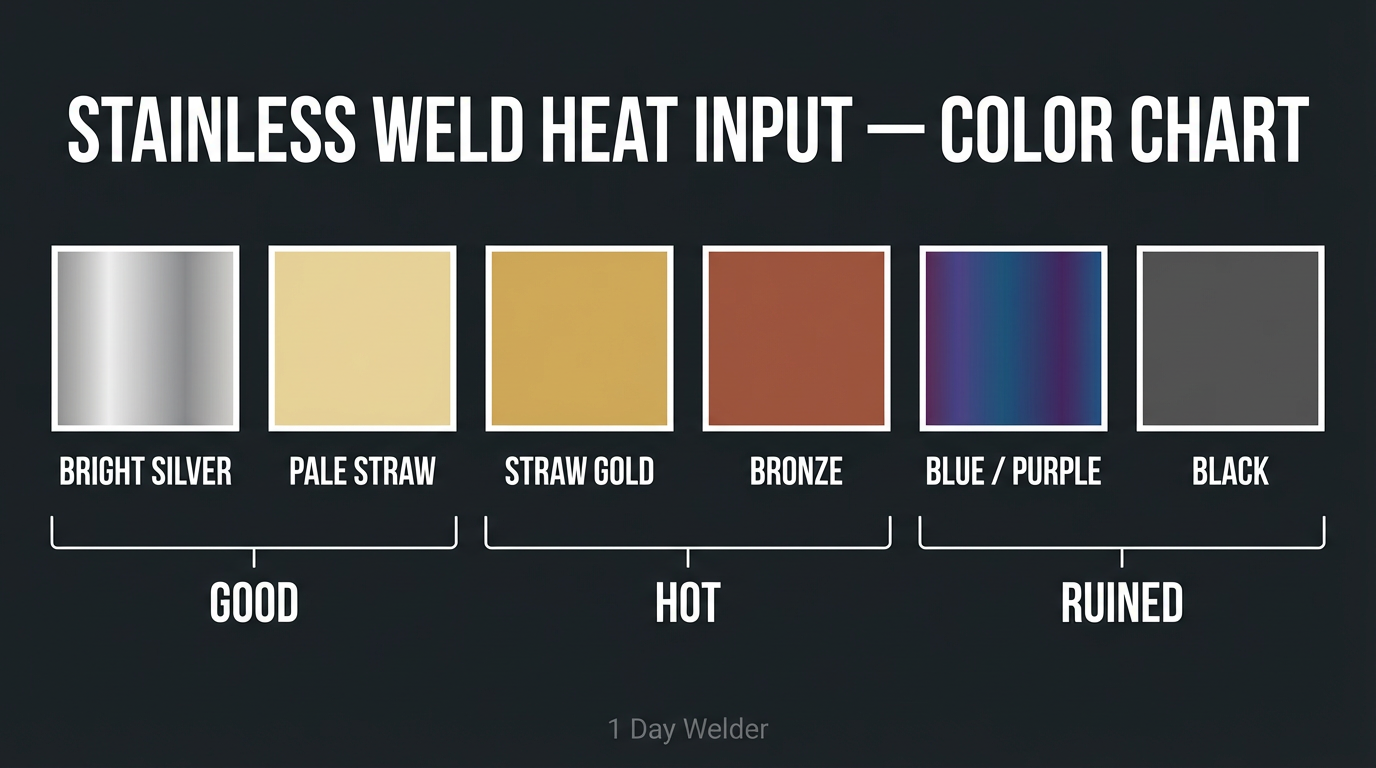 Stainless weld heat input color chart — from bright silver (good) through straw/gold (hot) to blue-purple and black (ruined)