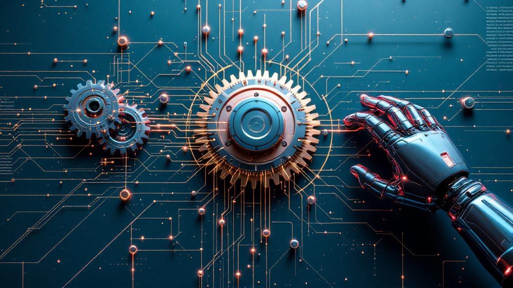 Illustration of automation and AI tools comparing human and machine intelligence in technology.