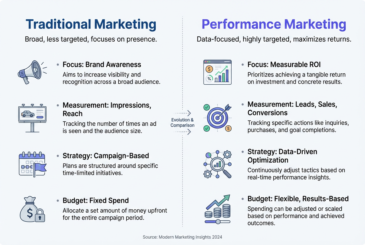 Visual comparison: Performance Marketing (measurable ROI, data-driven optimization, results-based budget) vs. Traditional Marketing (brand awareness focus, fixed spend).
