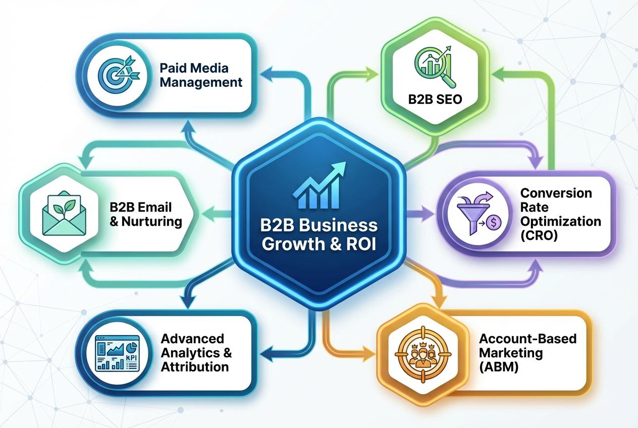Infographic showing integrated B2B performance marketing services: Paid Media, B2B SEO, CRO, ABM, Analytics, and Email, all driving business growth and ROI.