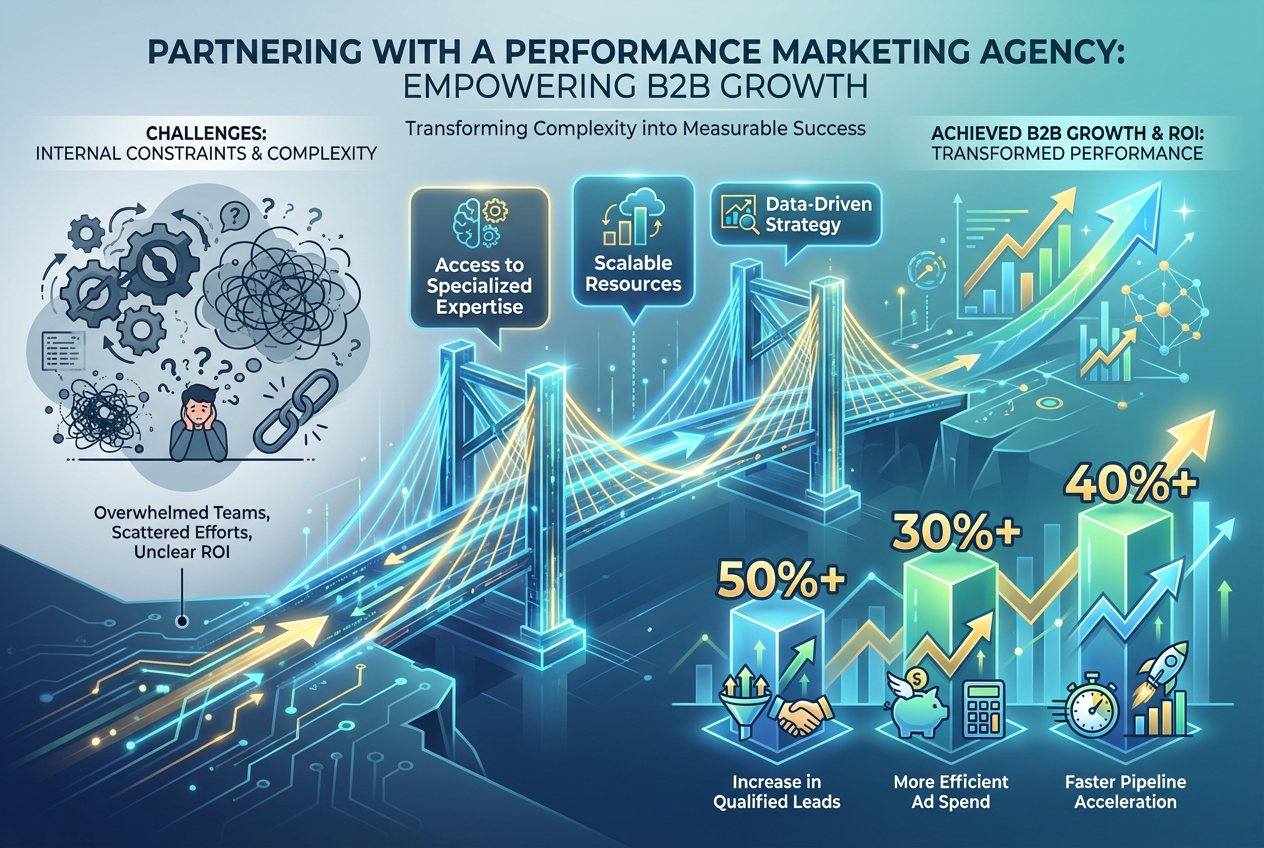 B2B agency partnership benefits: 50%+ more qualified leads, 30%+ efficient ad spend, 40%+ faster pipeline acceleration through specialized expertise.