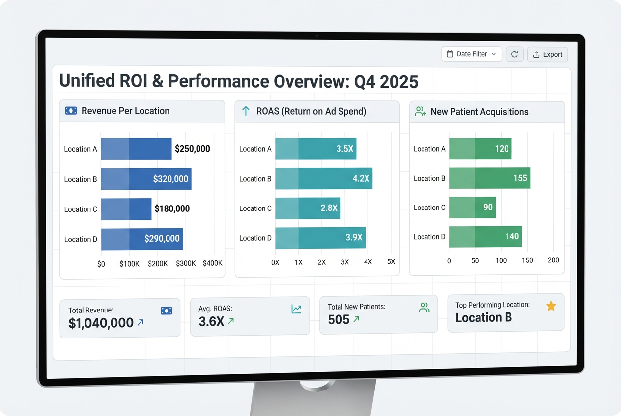 Unified marketing ROI dashboard displaying revenue per location, ROAS, and new patient acquisitions for a multi-location med spa group, demonstrating centralized performance tracking.