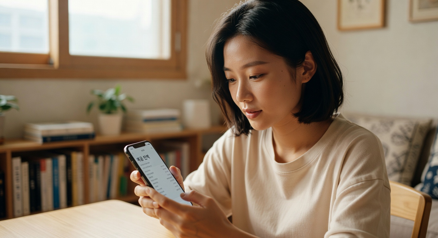 Korean person reviewing savings account on smartphone at home